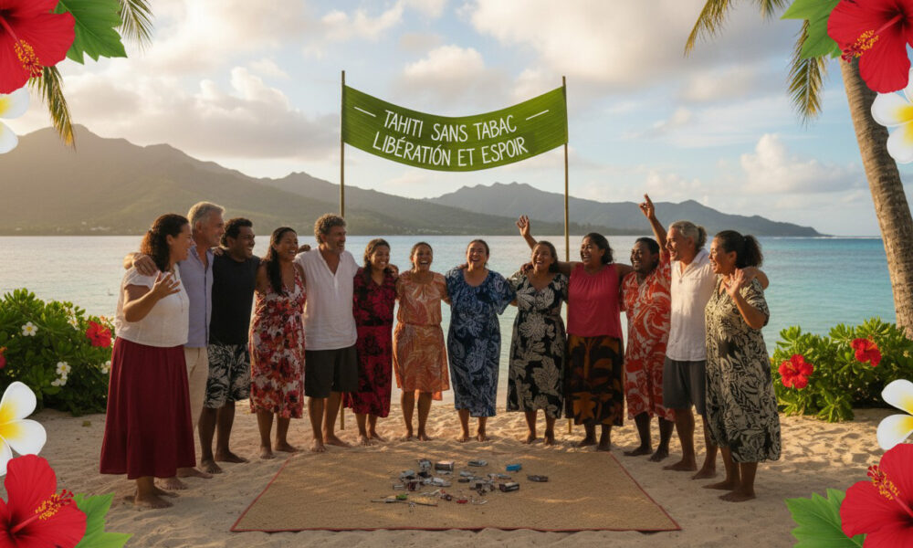 Séance d'arrêt du tabac à Tahiti : femme détendue en hypnose avec acupuncture, praticiens bienveillants, vue sur le lagon au lever du soleil.