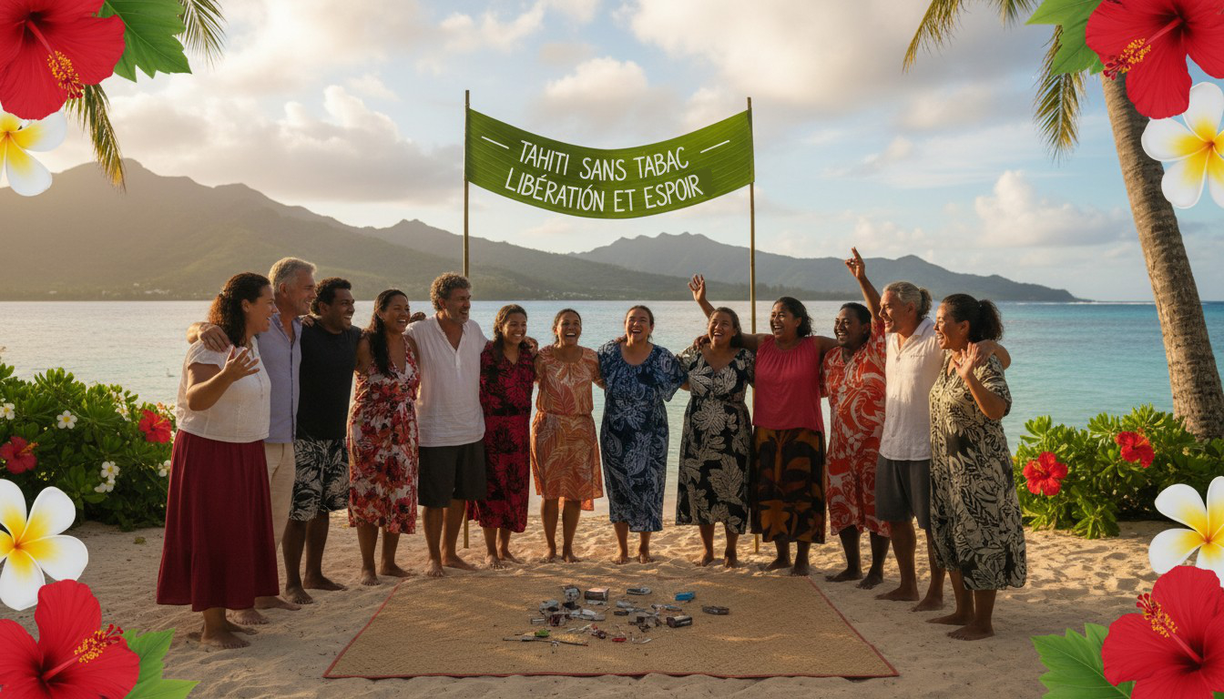 Séance d'arrêt du tabac à Tahiti : femme détendue en hypnose avec acupuncture, praticiens bienveillants, vue sur le lagon au lever du soleil.
