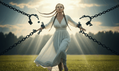 Femme en robe blanche brisant des chaînes, symbolisant la libération et l’émancipation grâce à l’hypnose thérapeutique à Tahiti.