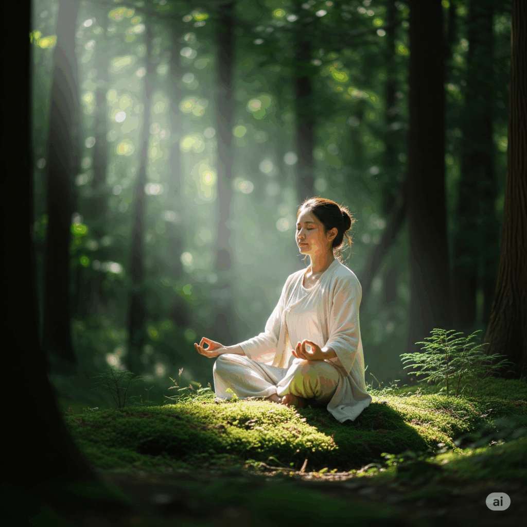 Femme méditant en pleine forêt, illustrant la sérénité et l’harmonie intérieure retrouvées grâce à l’hypnose thérapeutique à Tahiti.