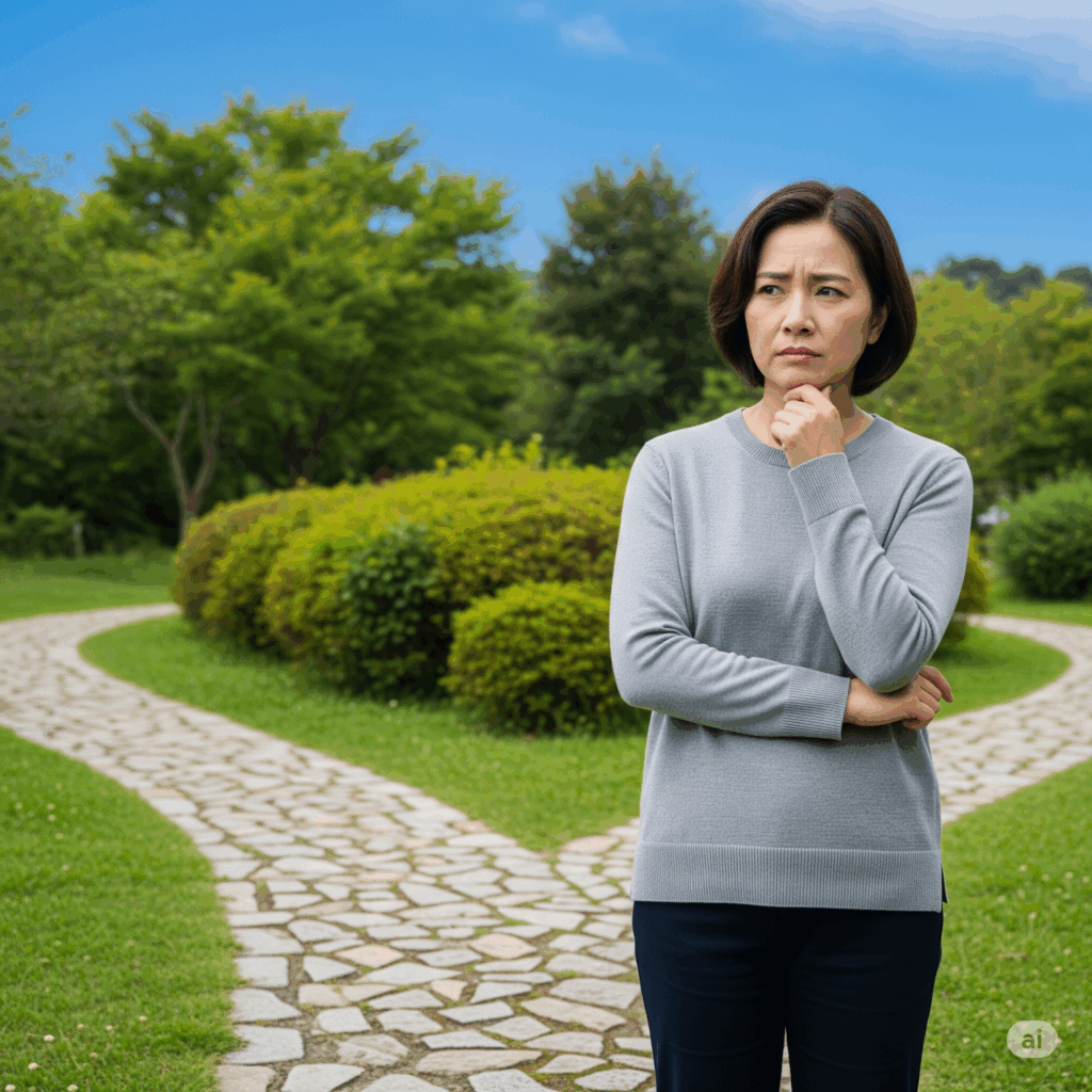 Femme pensive dans un jardin, symbolisant la réflexion et l’introspection lors d’une séance d’hypnose thérapeutique à Tahiti.
